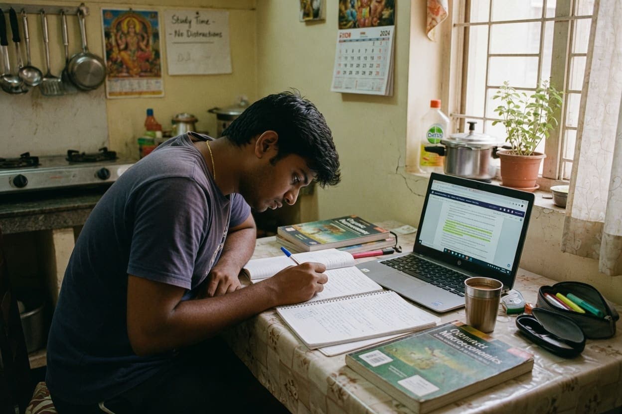 Learner studying independently at a kitchen table with notes and a laptop
