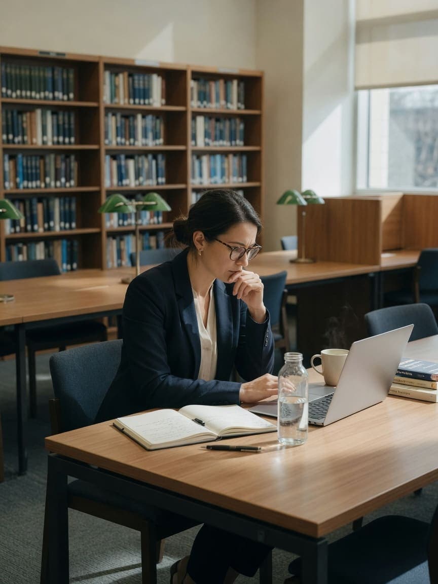 Candidate concentrating on a laptop in a quiet university library