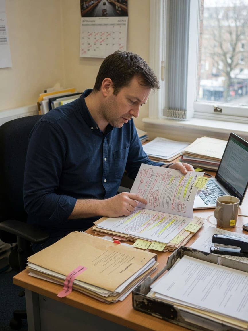 Professional reviewing marked documents at an office desk